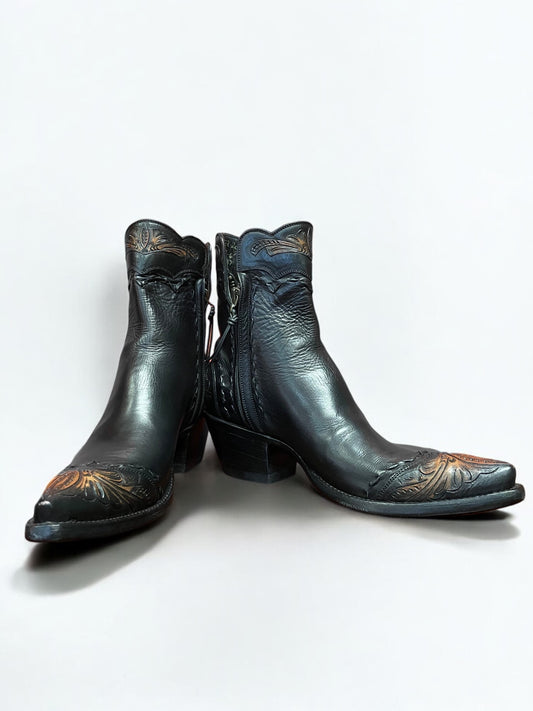 Black Calf With Antiqued Tooling Zip Boot