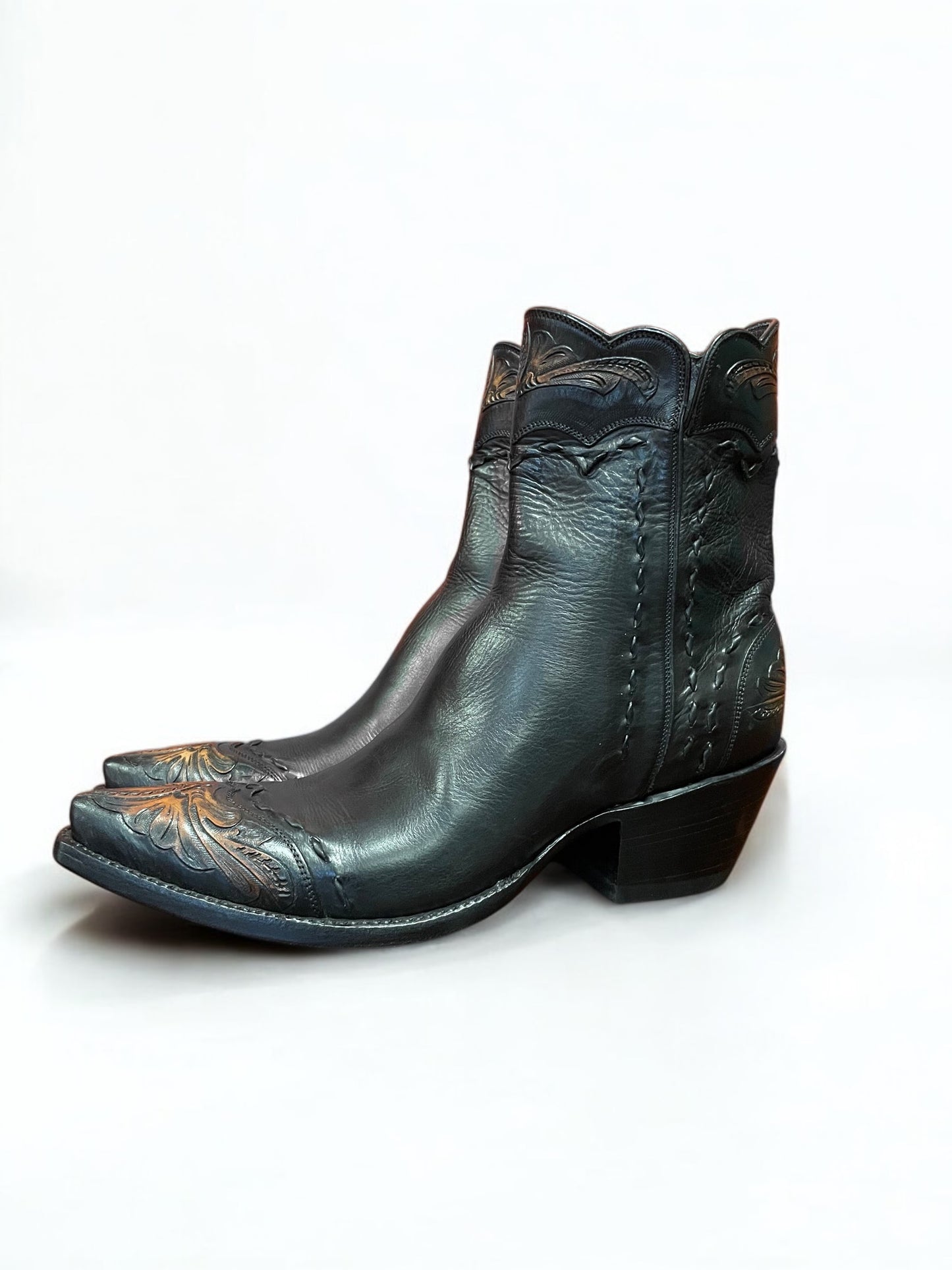 Black Calf With Antiqued Tooling Zip Boot