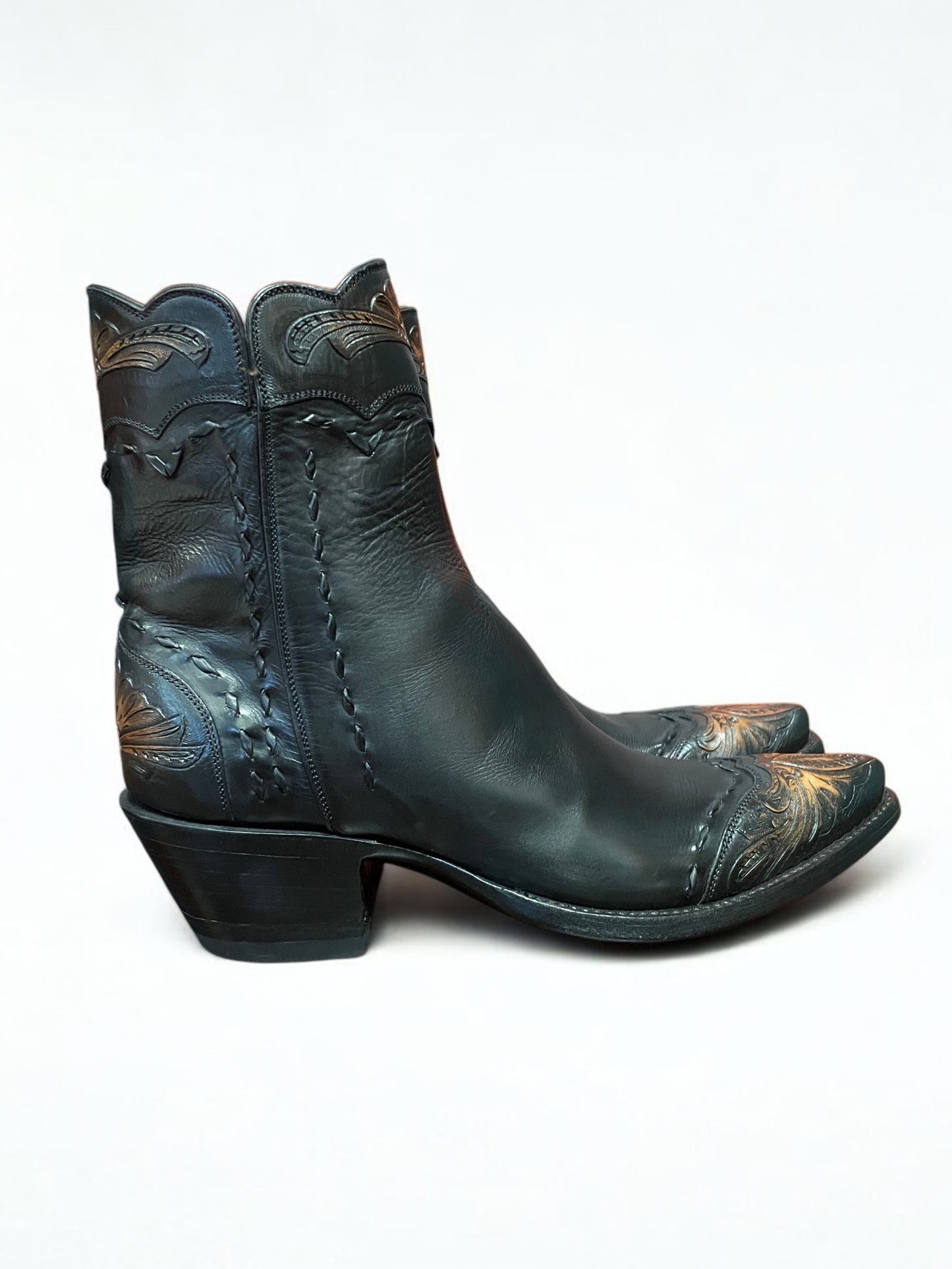 Black Calf With Antiqued Tooling Zip Boot