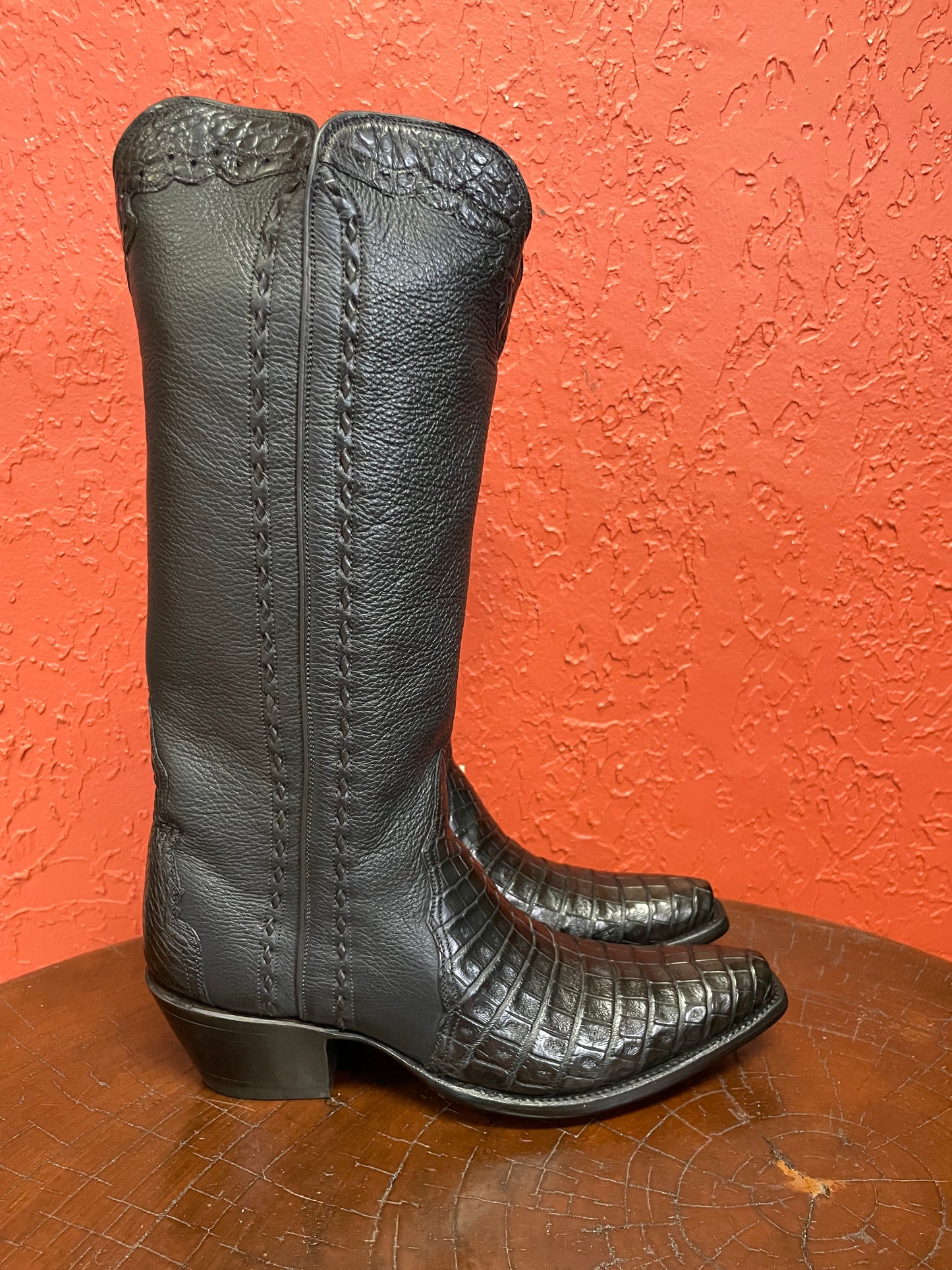 Tall Zip in Espresso Caiman Crocodile With Calf