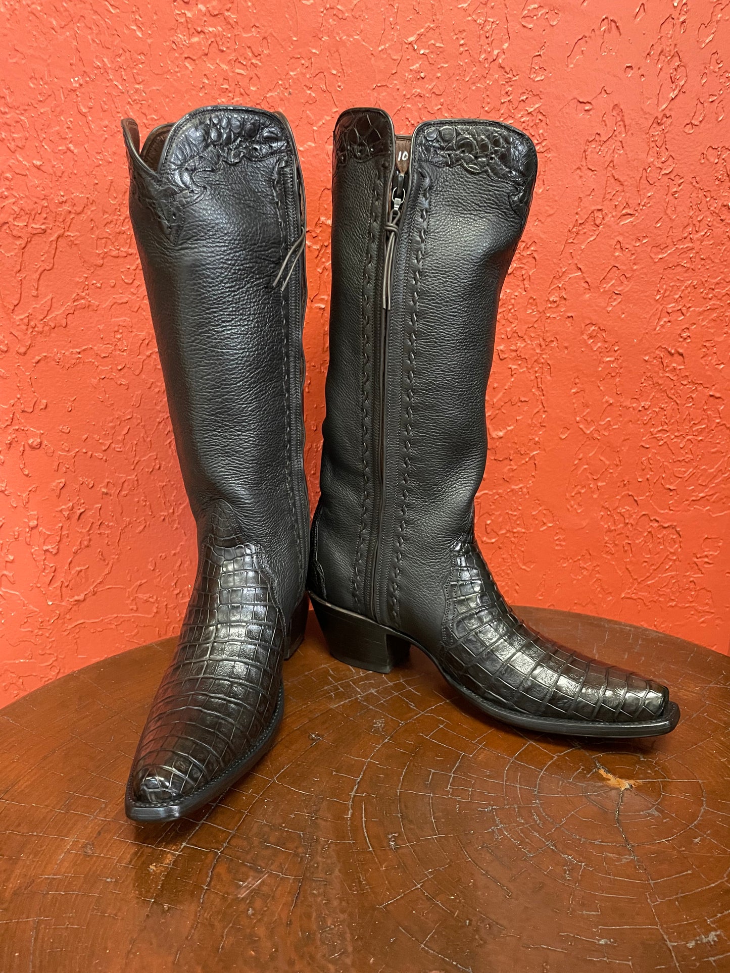 Tall Zip in Espresso Caiman Crocodile With Calf