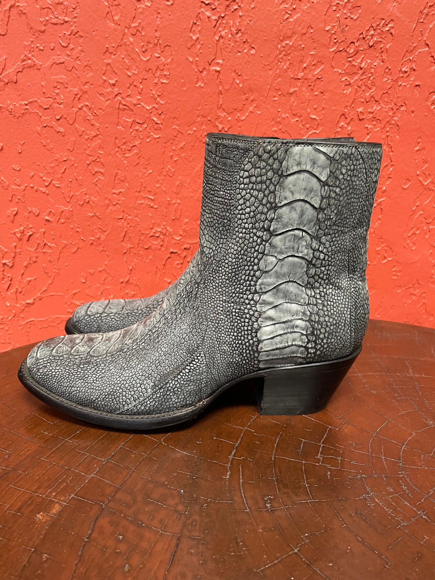 Smoke Nubuck Ostrich Leg Zip