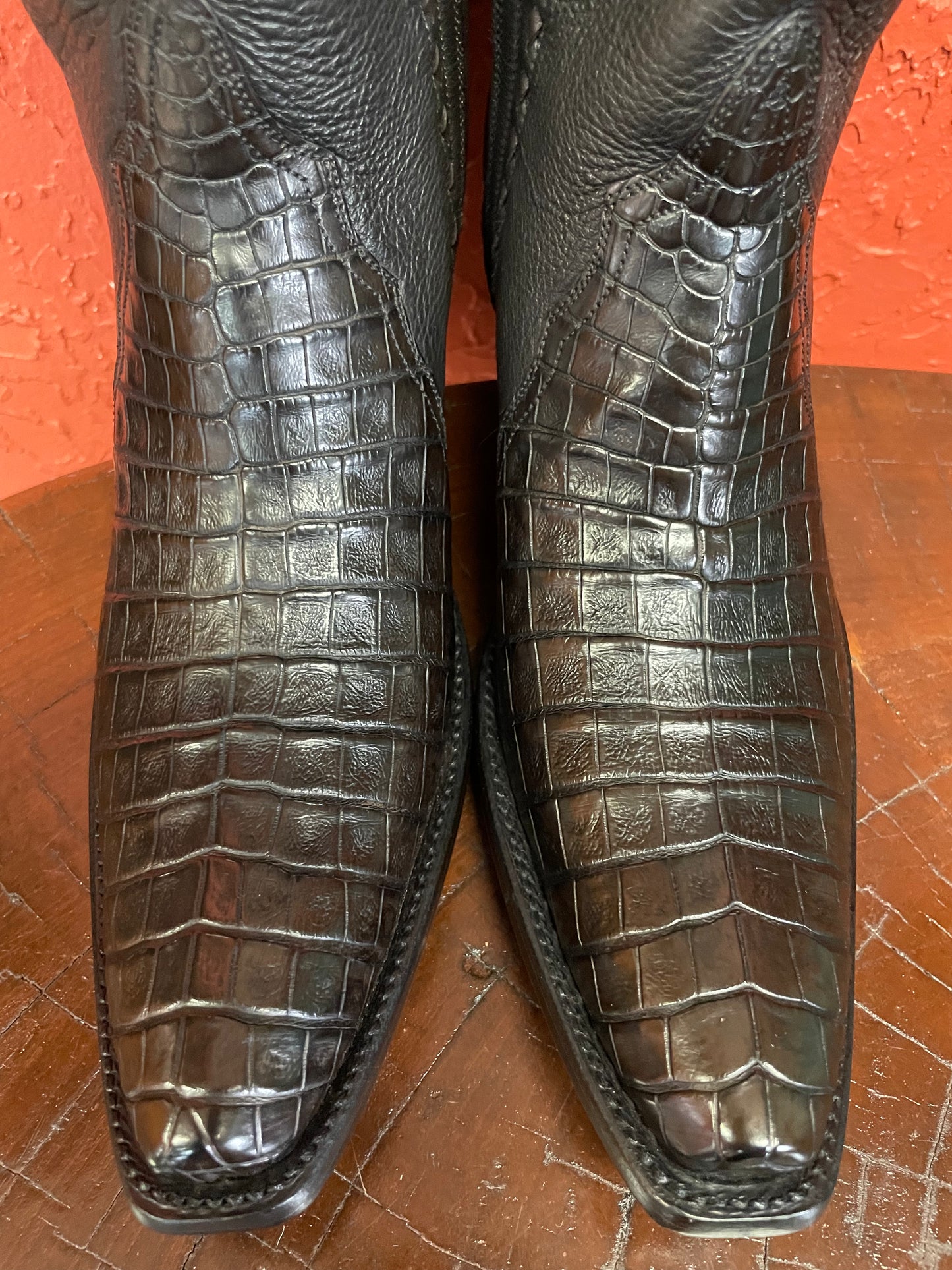 Tall Zip in Espresso Caiman Crocodile With Calf