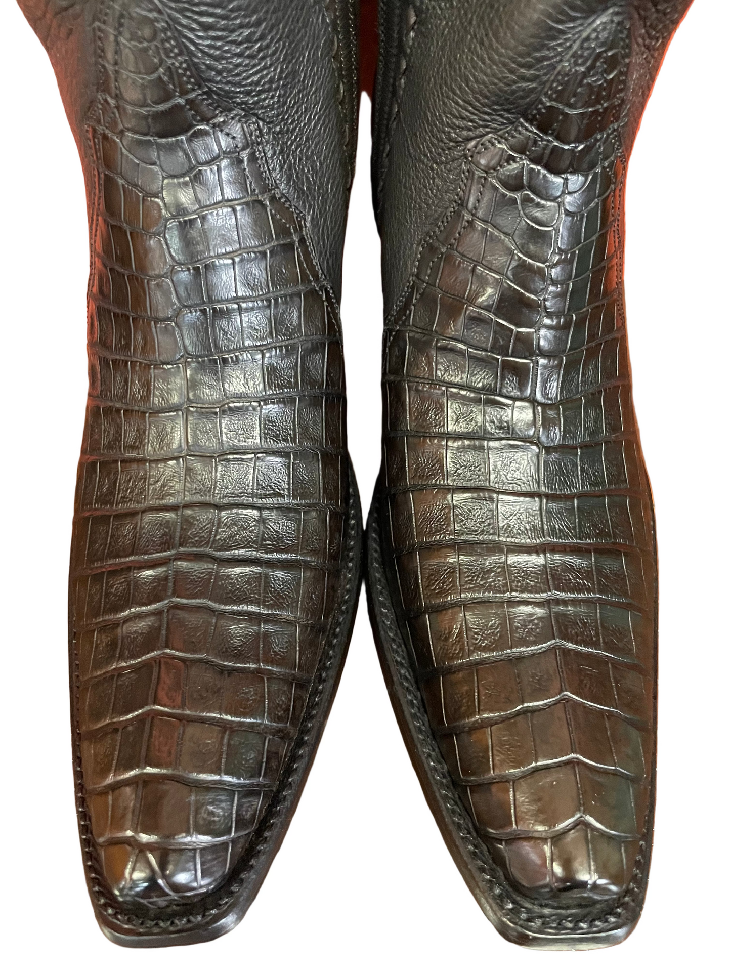Tall Zip in Espresso Caiman Crocodile With Calf