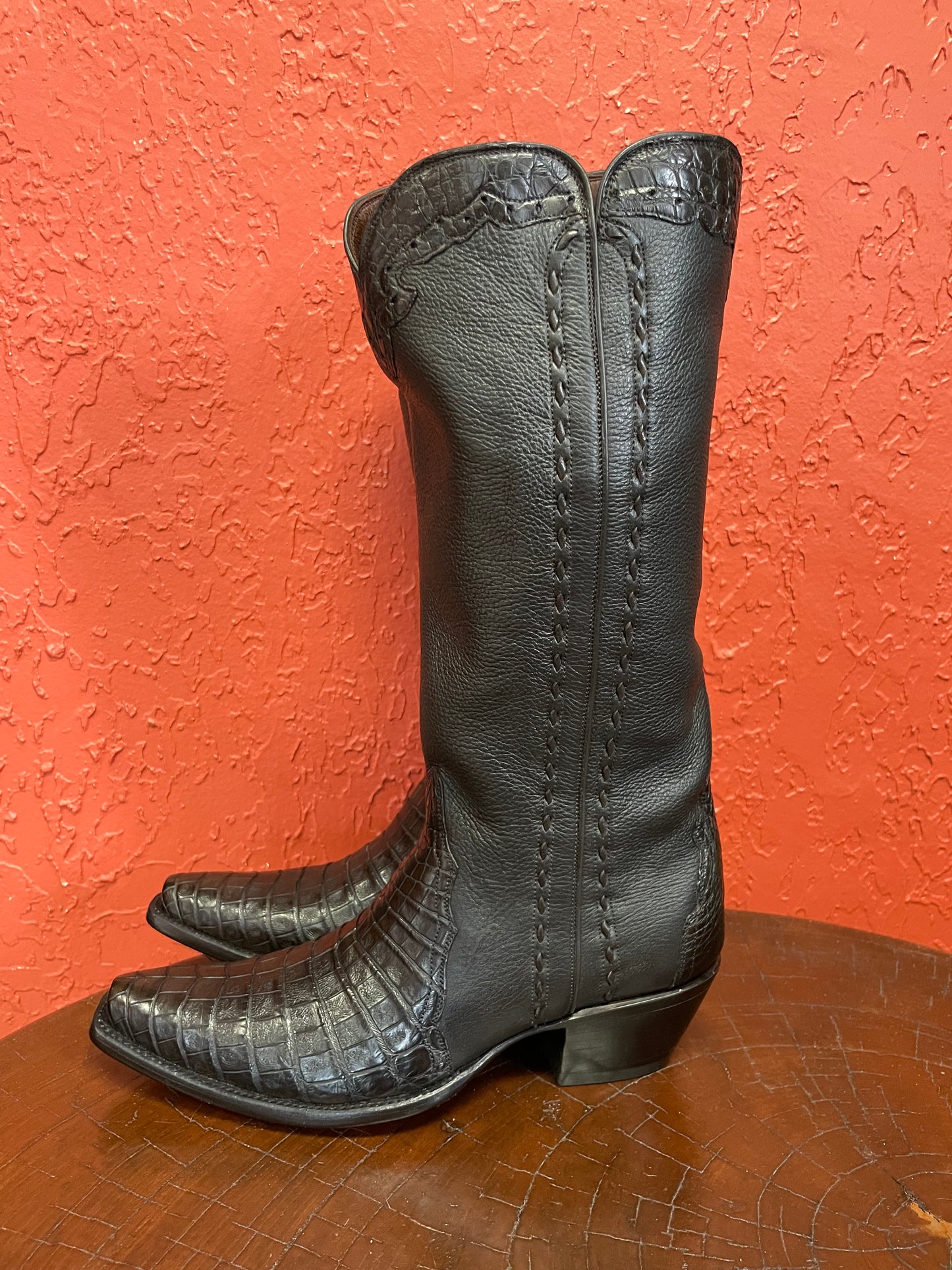 Tall Zip in Espresso Caiman Crocodile With Calf