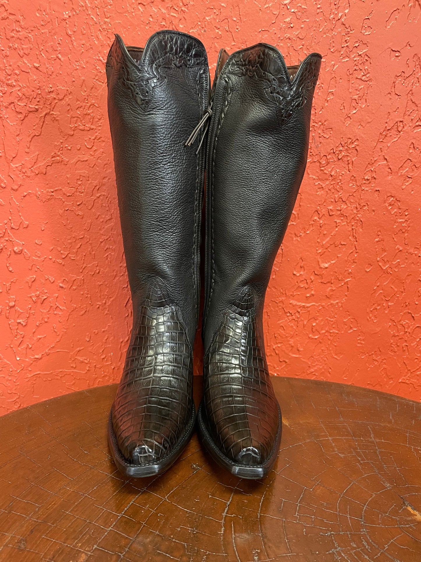 Tall Zip in Espresso Caiman Crocodile With Calf