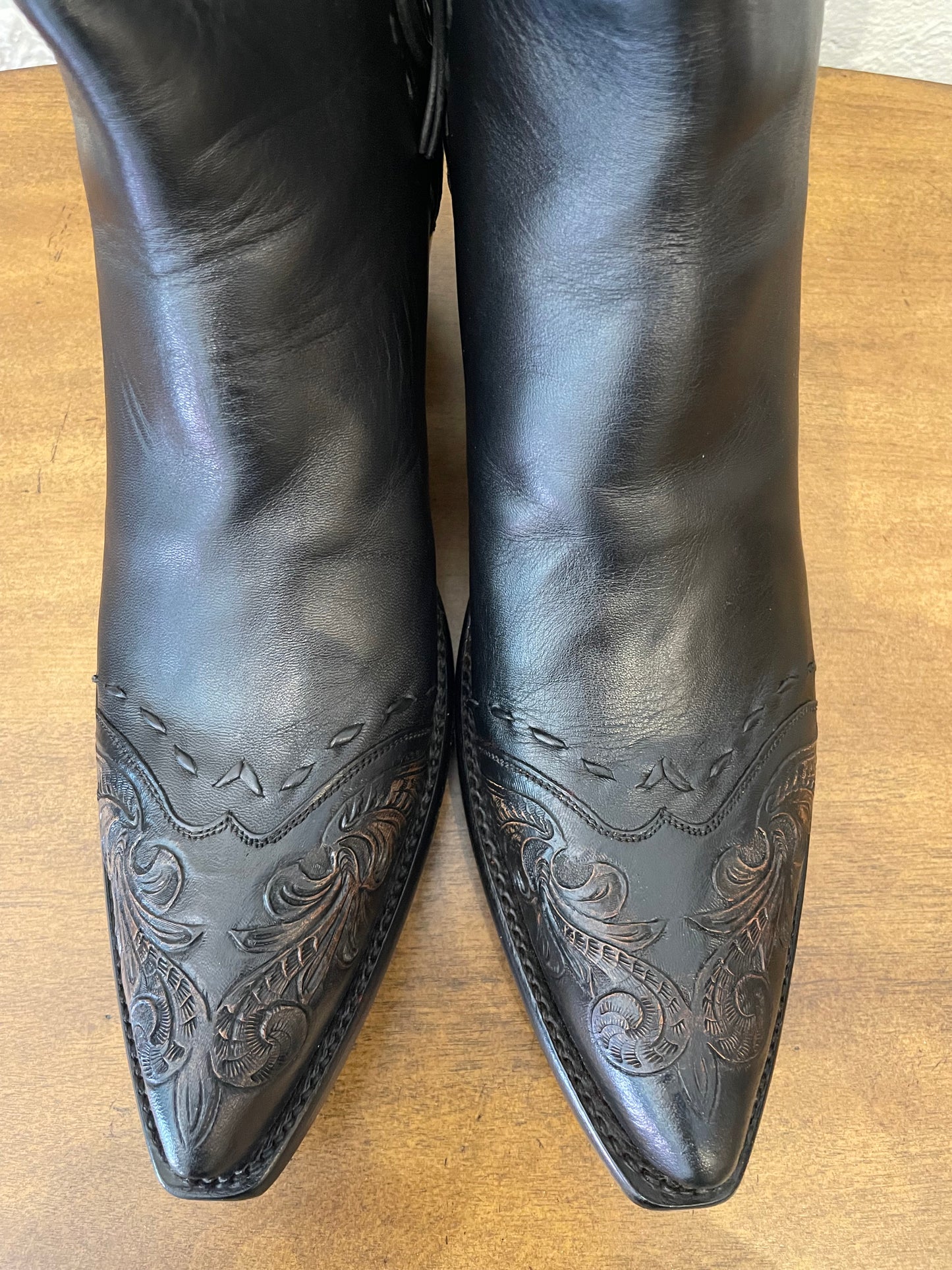 Calfskin with Handtooled Trim Zip in Noir and Antiqued Brown