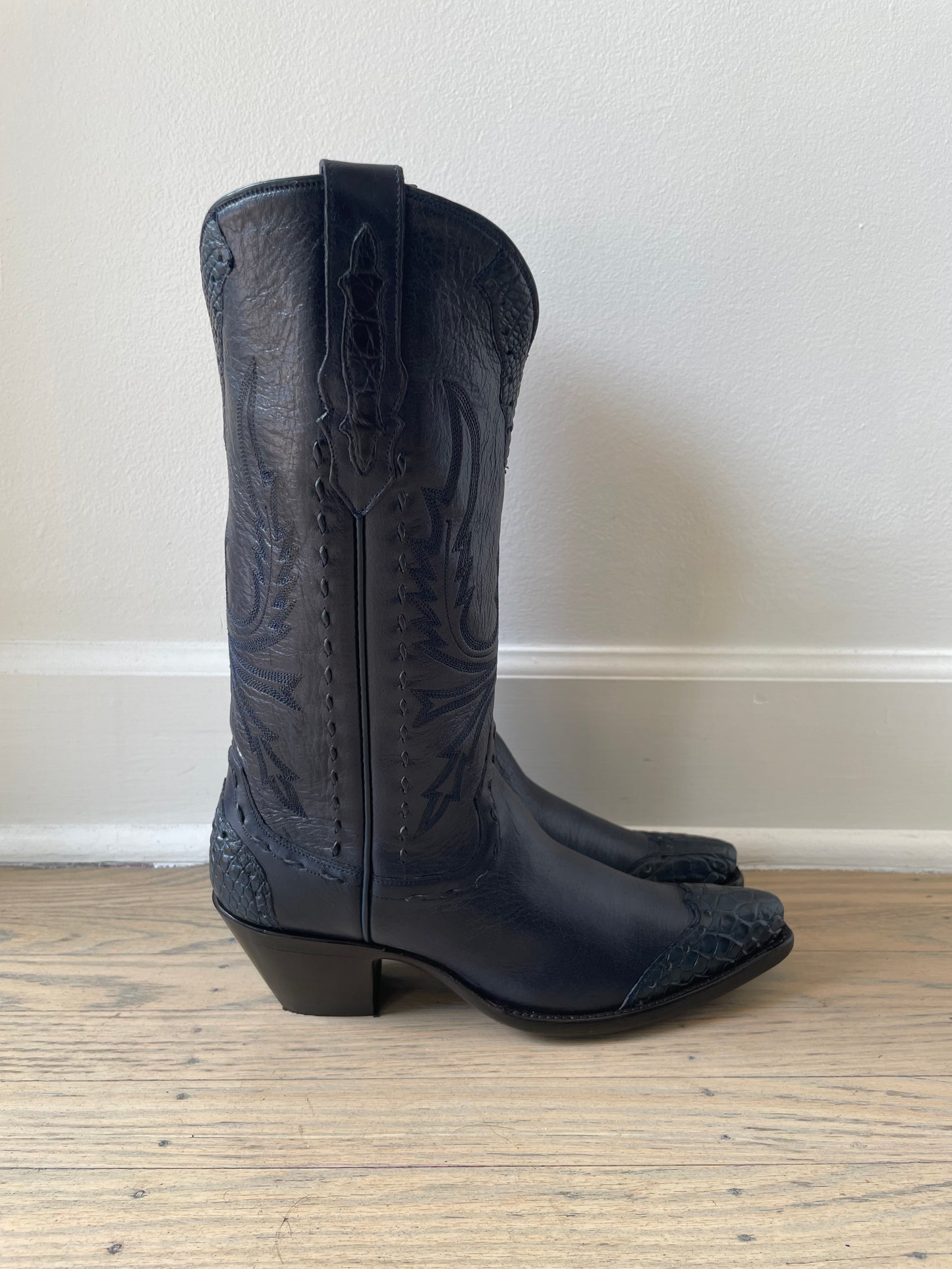 Navy Calfskin with Gator Trim Cowgirl Boot