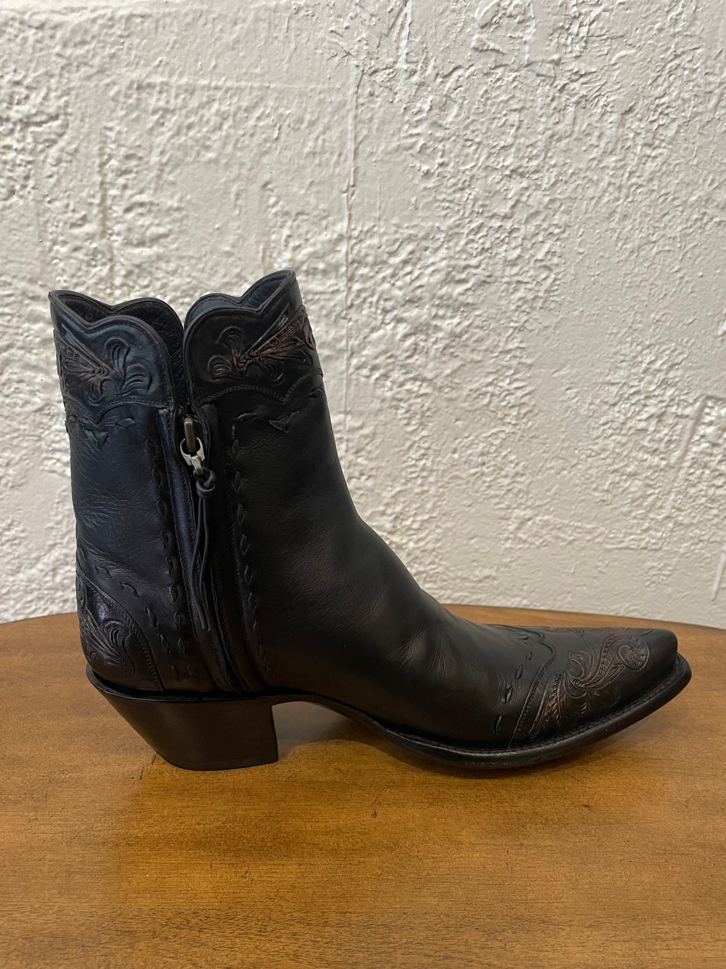 Calfskin with Handtooled Trim Zip in Noir and Antiqued Brown