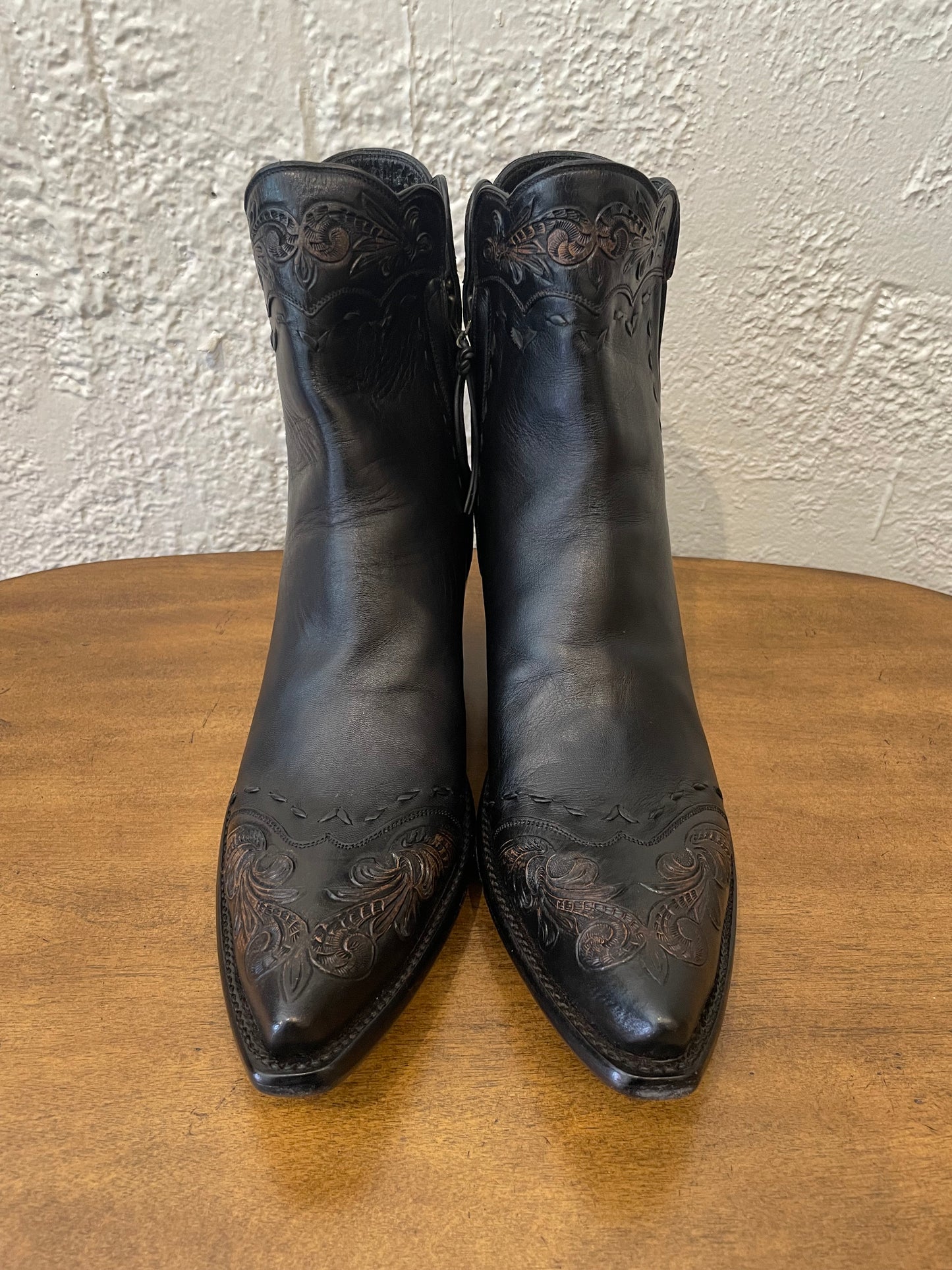 Calfskin with Handtooled Trim Zip in Noir and Antiqued Brown