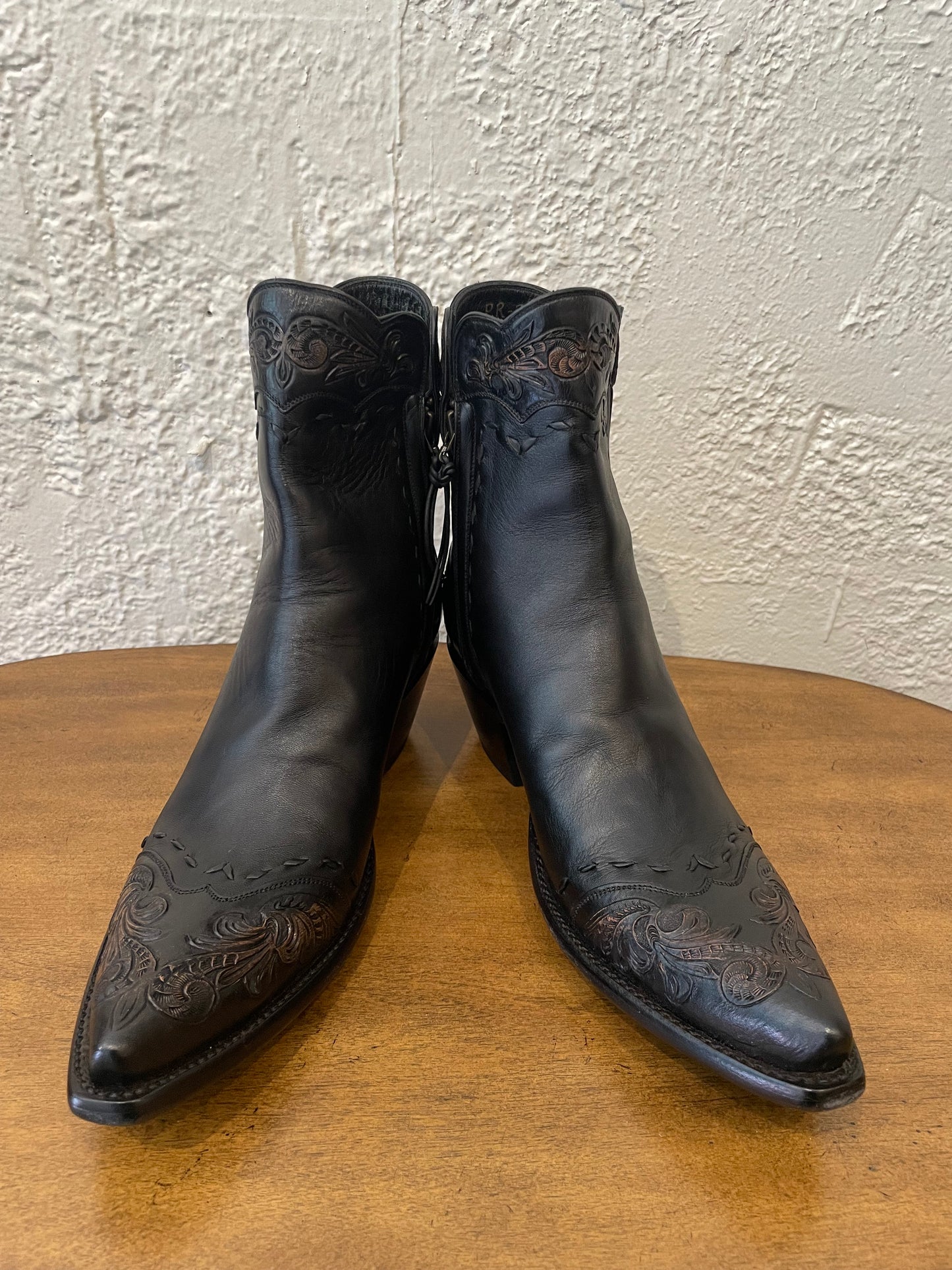 Calfskin with Handtooled Trim Zip in Noir and Antiqued Brown