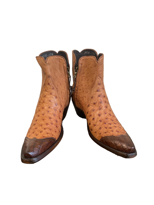 Ostrich Zip in Antique Cognac with Sport Rust Caiman Trim