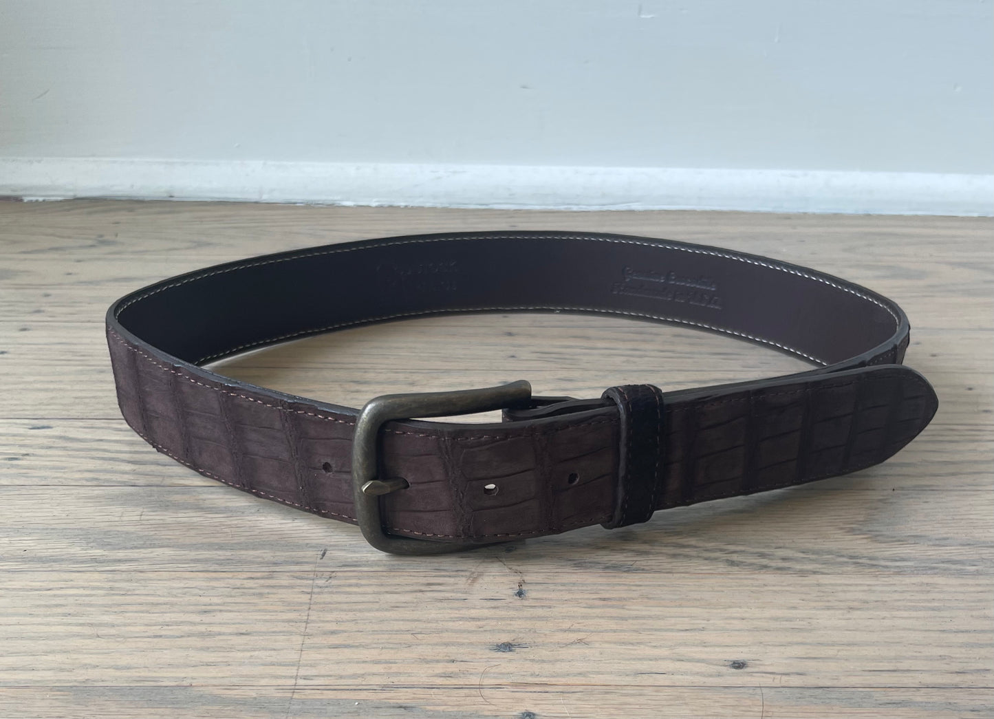 Chocolate Nubuck Crocodile Belly Belt