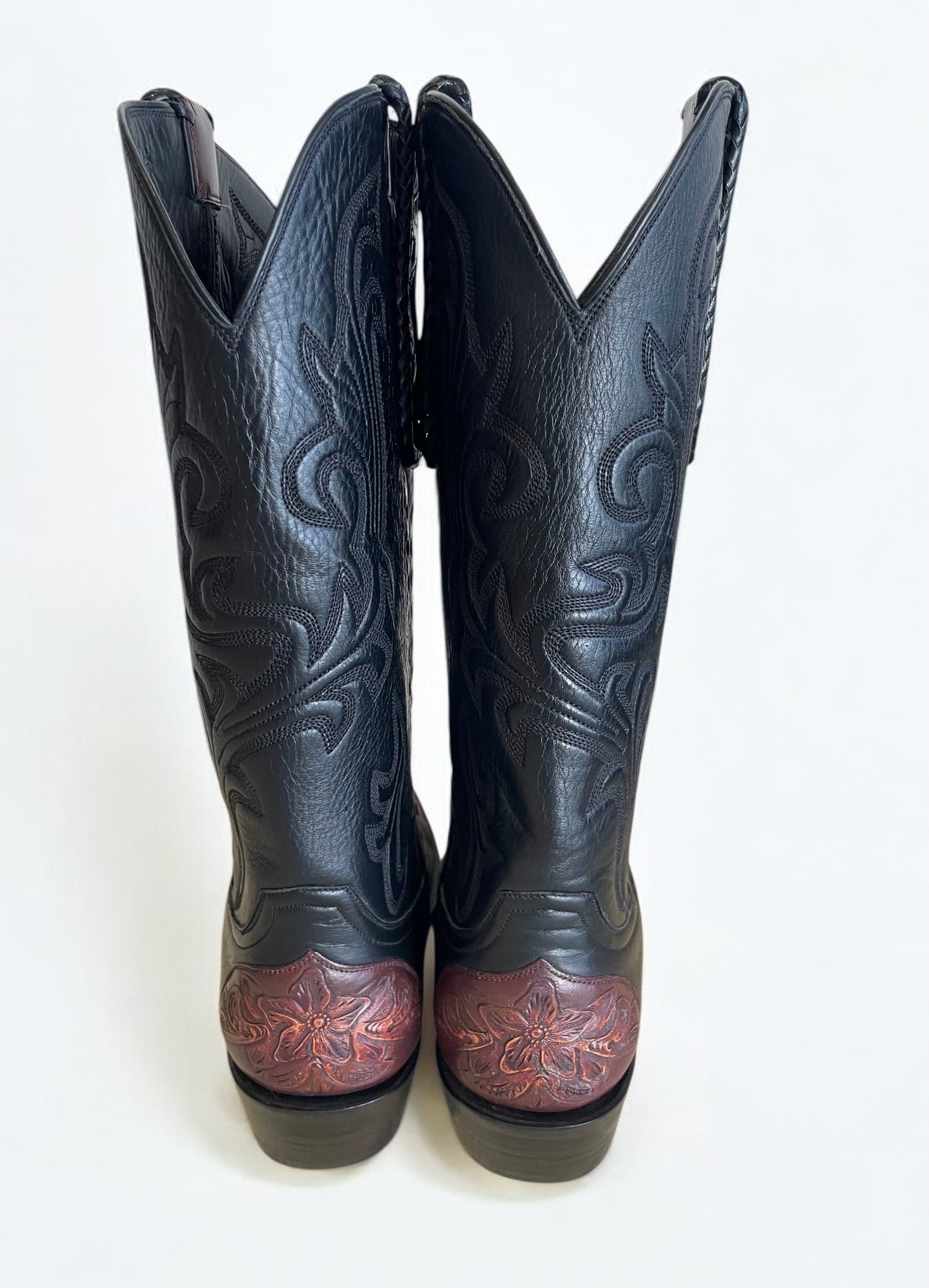 Water Buffalo Calf Western with Tooled Trim in Noir and Sport Rust