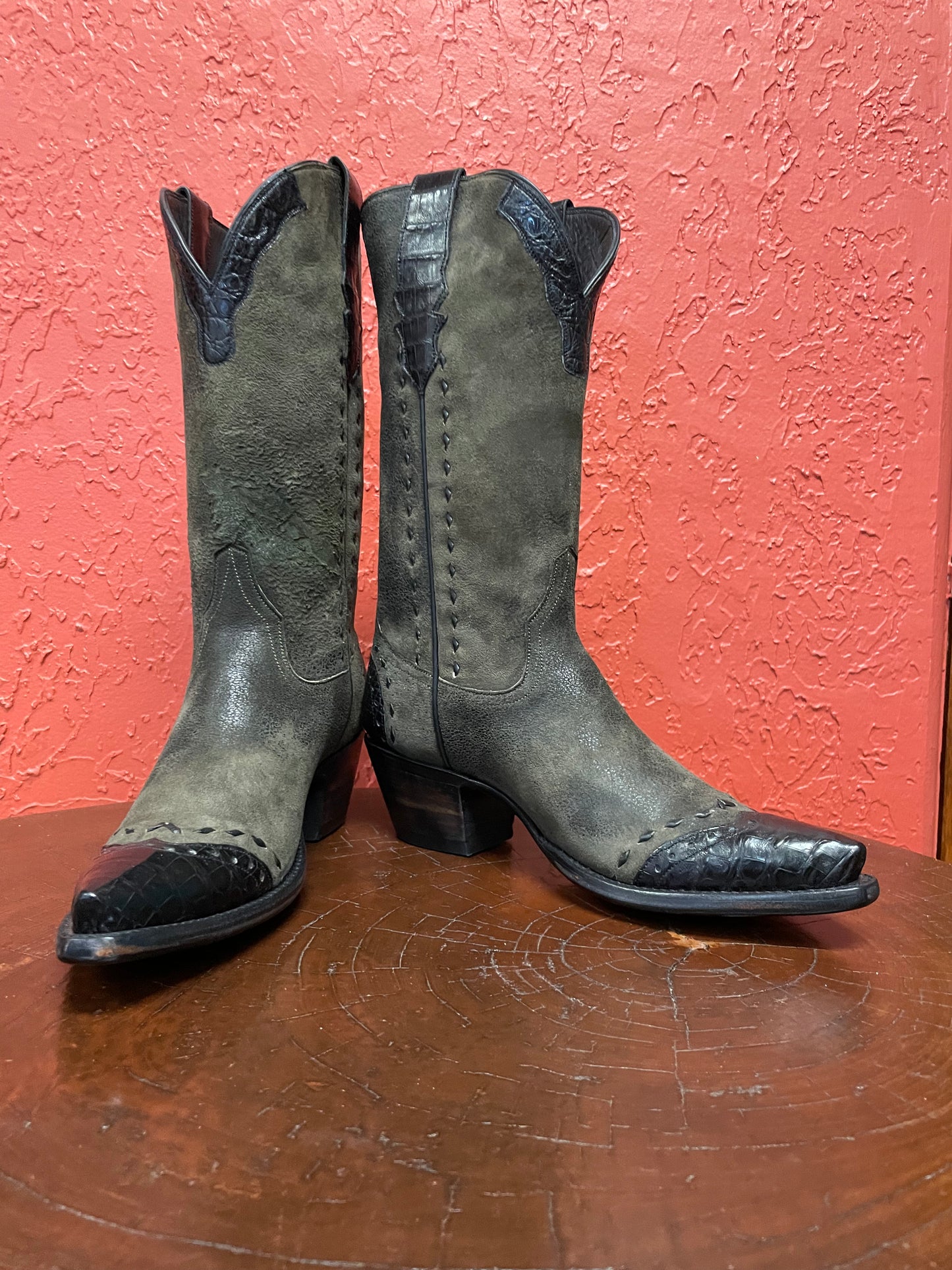 Vintage Olive Goatskin Roughout With Caiman Trim