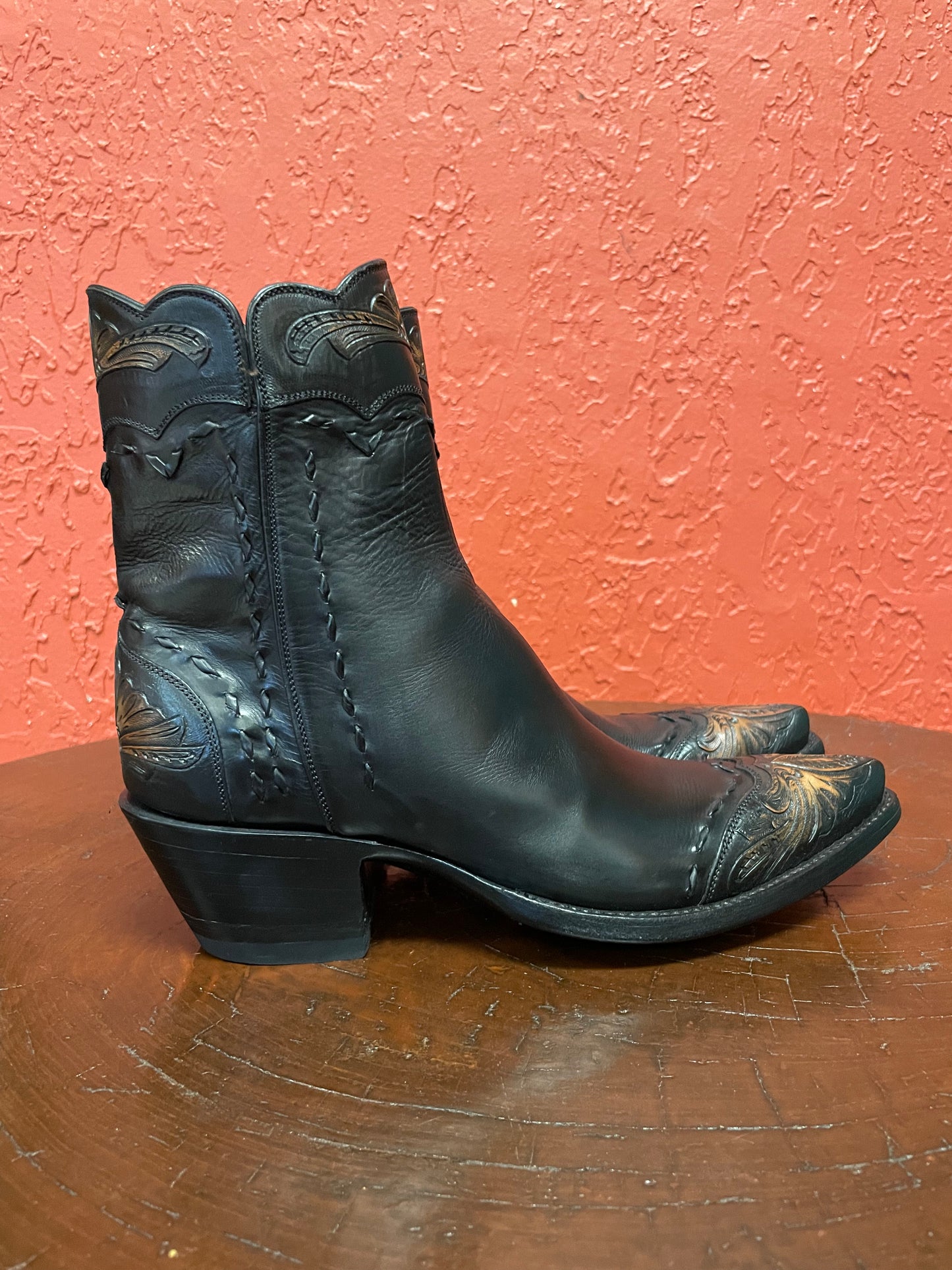 Black Calf With Antiqued Tooling Zip Boot